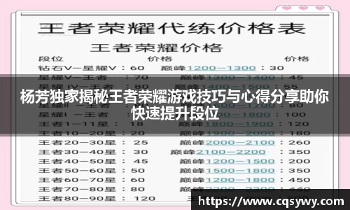杨芳独家揭秘王者荣耀游戏技巧与心得分享助你快速提升段位